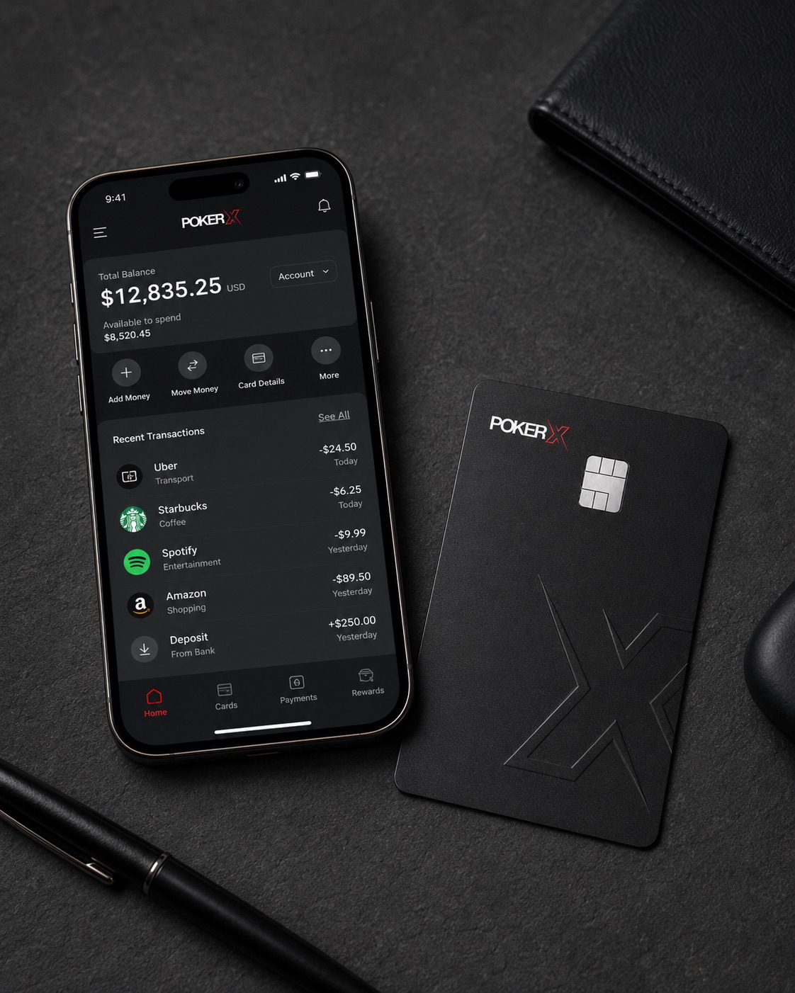The POKER X Card beside a connected app view
